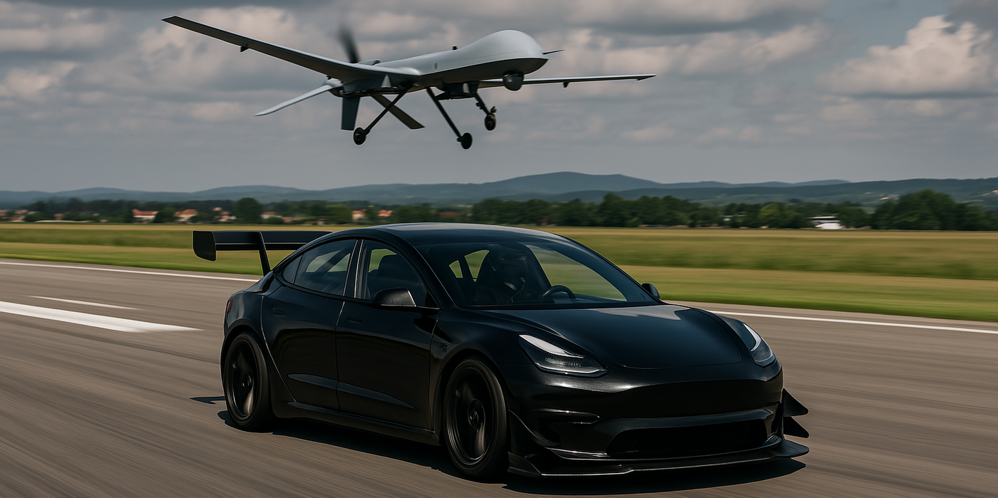 Coche deportivo negro con alerón y llantas Braid modelo, dron volando bajo en pista de aterrizaje