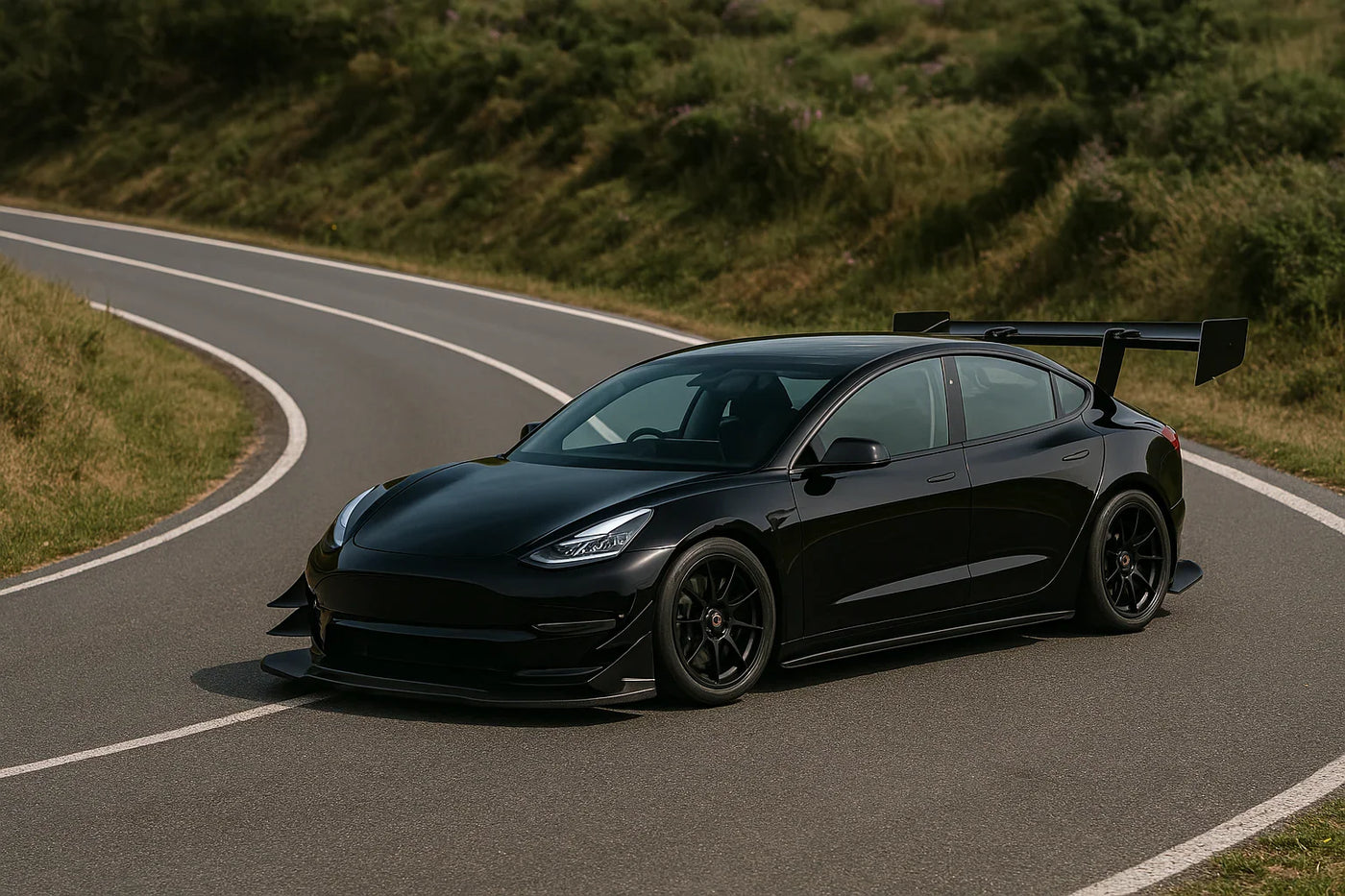 Coche deportivo negro con alerón grande y llantas Braid modelo de alto rendimiento en carretera curva