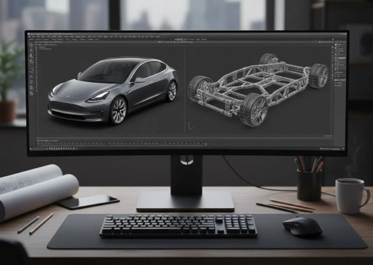 Render y modelo 3D de coche con llantas marca Braid y modelo visible en monitor de oficina.