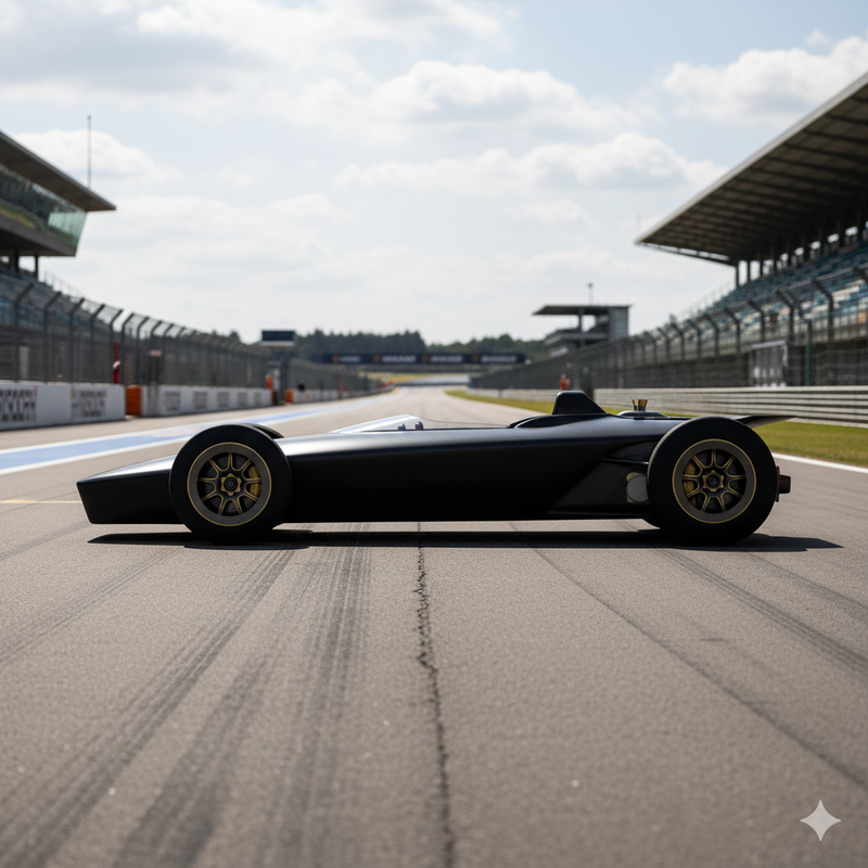 Coche de carreras monoplaza negro en pista, llantas Braid modelo visible, ambiente de circuito