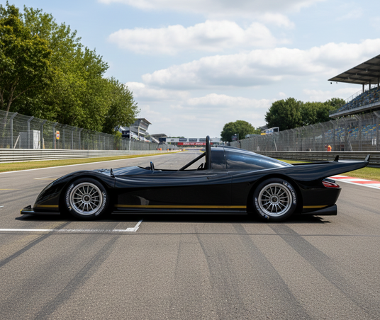 Coche deportivo negro en pista con llantas Braid, modelo visible, perfil bajo, alerón grande.