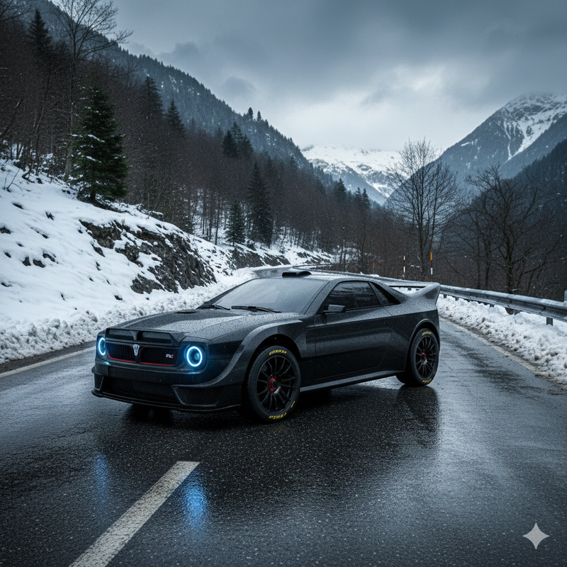 Coche deportivo negro en carretera nevada con llantas Braid y modelo visible