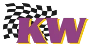Logo de KW Suspensions con letras grandes moradas y borde amarillo, fondo transparente.
