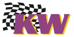 Logo de KW Suspensions con letras grandes moradas y borde amarillo, fondo transparente.