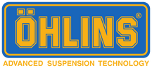 Logotipo de Öhlins en azul y amarillo, texto Advanced Suspension Technology.