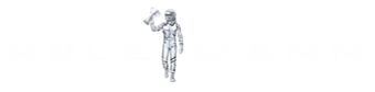Logotipo Polemann con figura de piloto automovilismo entre letras, fondo transparente.