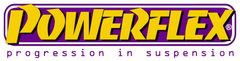 Logo Powerflex con letras amarillas sobre fondo morado y texto 'progression in suspension'.